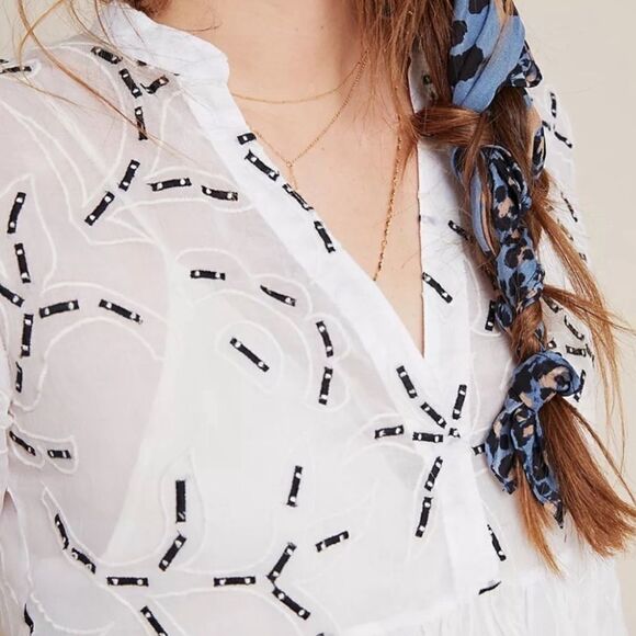 Amit Aggarwal Anthropologie Ramona Embroidered White Babydoll Top SIZE SMALL - Picture 3 of 8